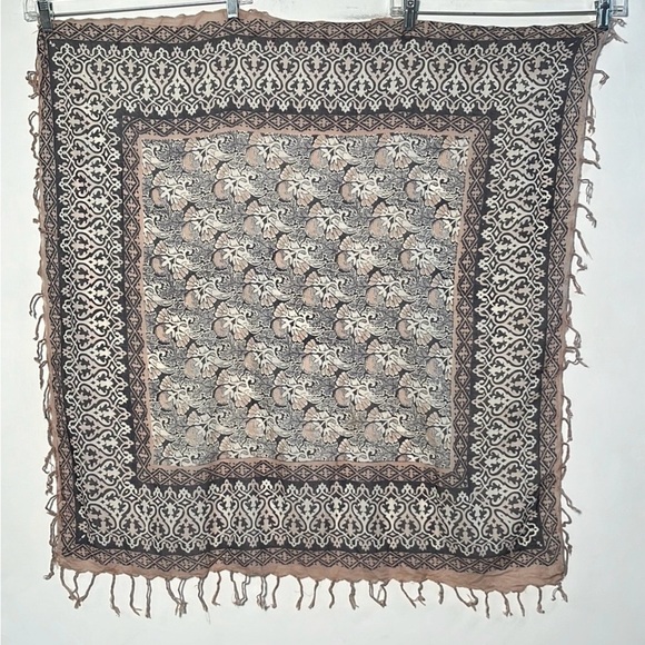 Accessories - BOHO/ATRSY  Floral and Scroll Fringe City-Chic Hippie Tan and Navy Square Scarf
